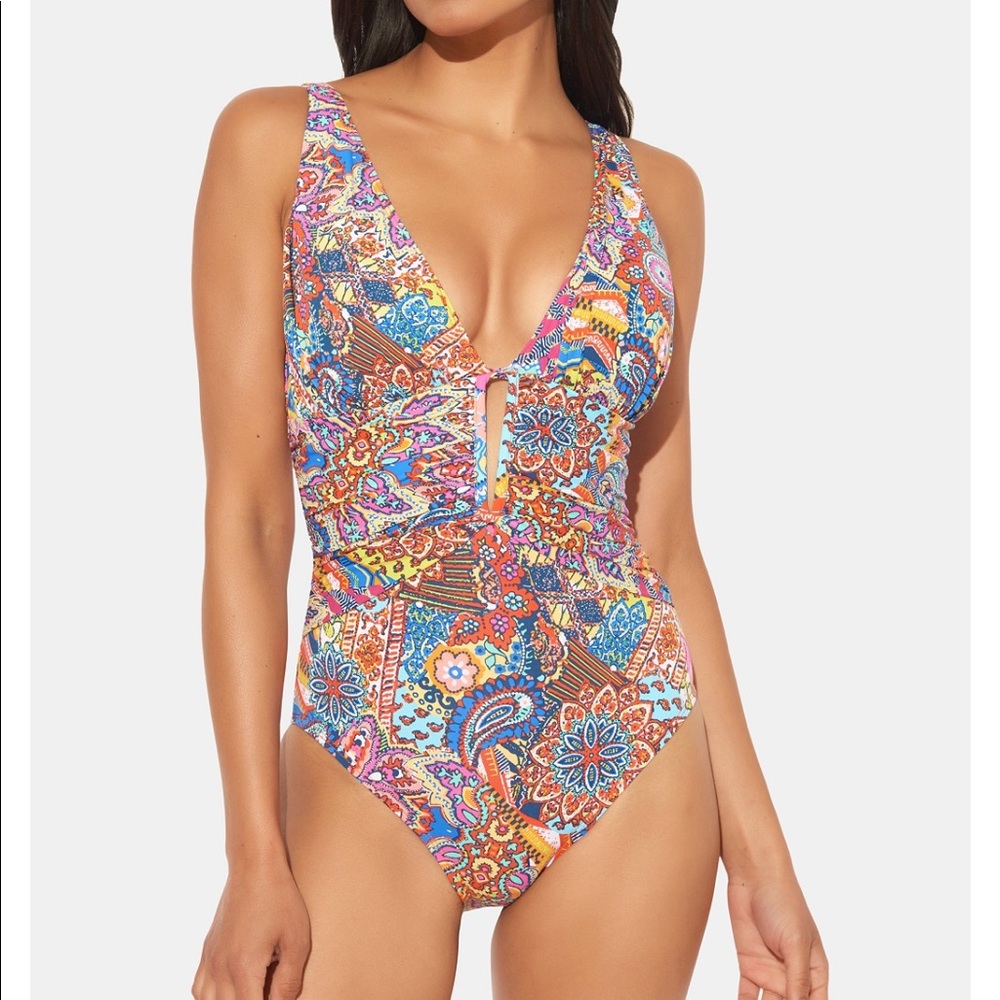 Bleu by Beattie Printed V Neck One Piece Swimsuit